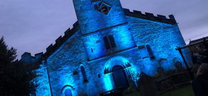Setting up the lighting and projection before dark at St Marys Church - Kirkby Lonsdale. 1 media ltd event management in Cumbria and The Lakes