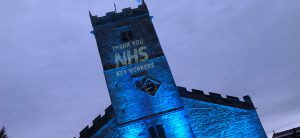 Setting up the lighting and projection before dark at St Marys Church - Kirkby Lonsdale. 1 media ltd event management in Cumbria and The Lakes