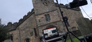 Setting up the lighting and projection before dark at St Marys Church - Kirkby Lonsdale. 1 media ltd event management in Cumbria and The Lakes