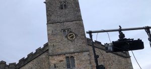 Setting up the lighting and projection before dark at St Marys Church - Kirkby Lonsdale. 1 media ltd event management in Cumbria and The Lakes